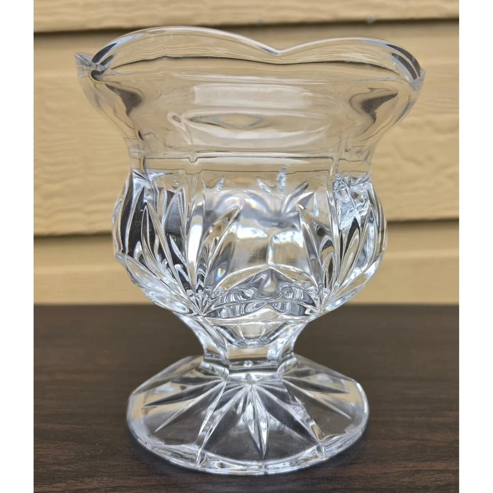 Vintage Clear Cut Glass Footed Candy Dish Scalloped Rim Pedestal Bowl 5 Inch